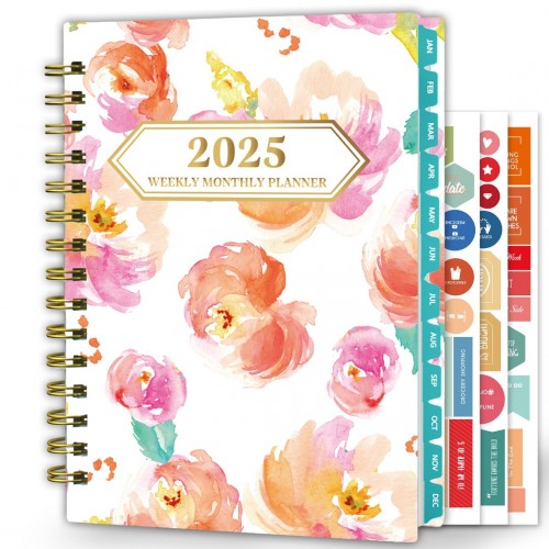 Ymumuda 2025 Planner, 12-Month Daily Weekly Monthly Planner from JAN.2025 to DEC.2025, 8.4" X 6", Spiral Planner Notebook with Stickers, Elastic Closure, Inner Pocket - Ink Floral