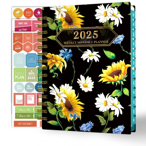 Ymumuda 2025 Planner, 12-Month Daily Weekly Monthly Planner from JAN.2025 to DEC.2025, 8.4" X 6", Spiral Planner Notebook with Stickers, Elastic Closure, Inner Pocket - Sunflower Daisy