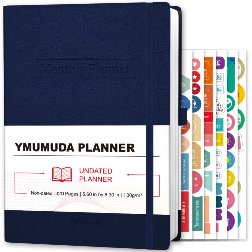 Ymumuda Daily Planner Undated, Weekly Monthly Planner Notebook with Hourly Schedule, Productivity Journal Planner 2025 for Goal Achievement, Lasts 6 Months, Start Anytime - A5(8.3"×5.6"), Blue